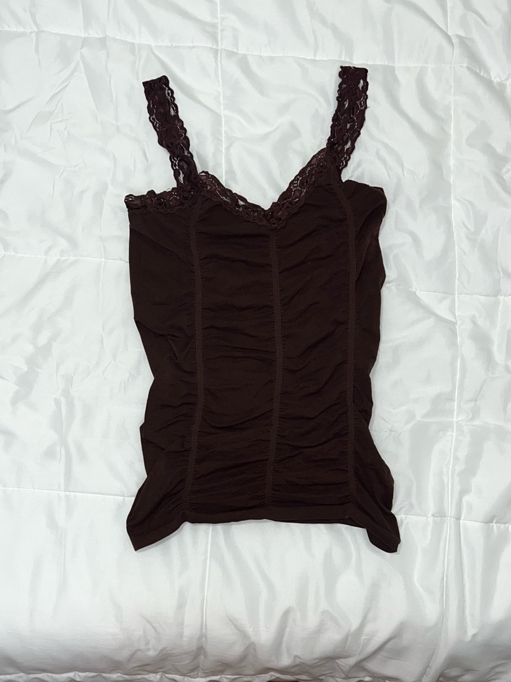 Vintage Colori Brown Lace Trim Ruched Cami Top Fits From Size Small To Large